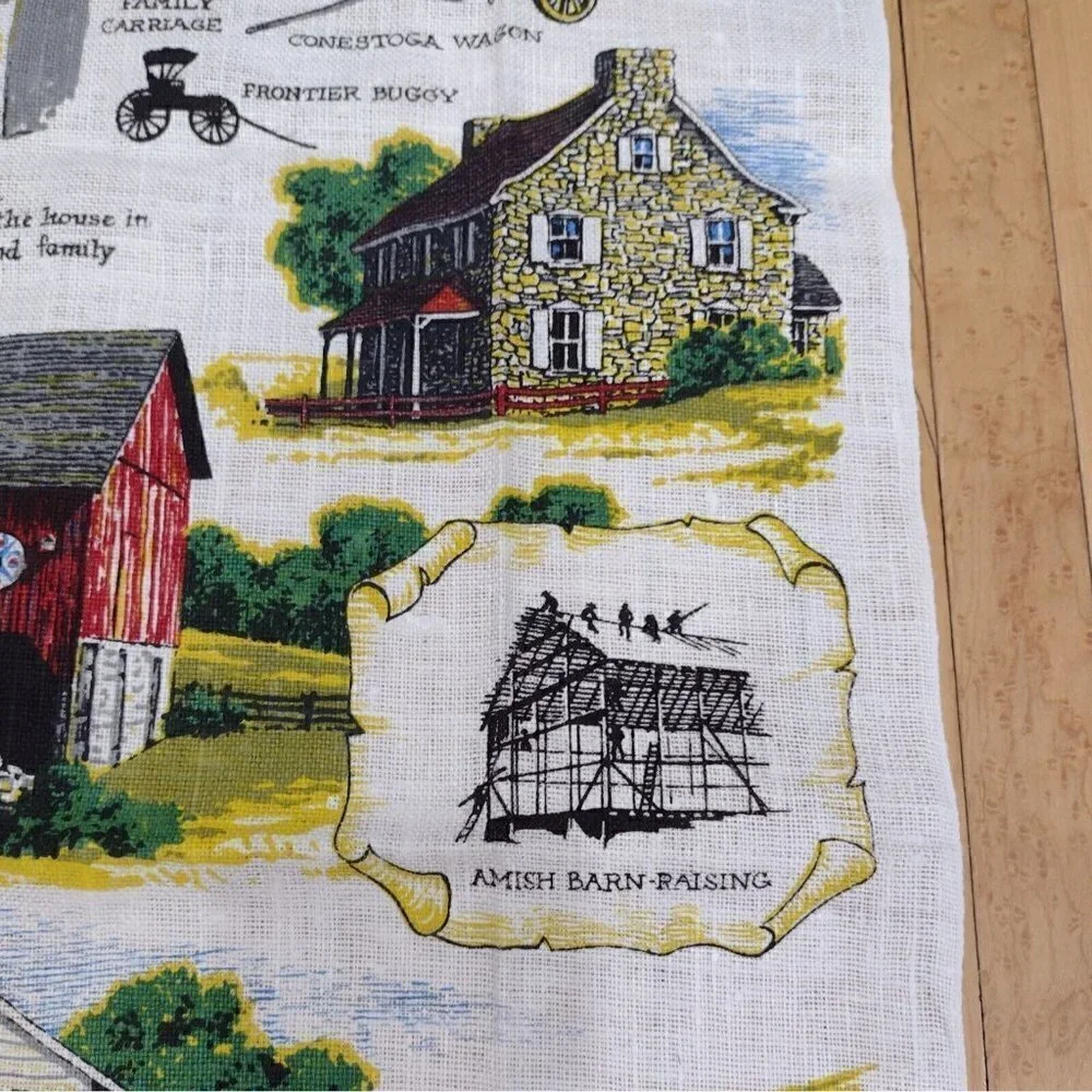 Vintage KayDee Hand Prints Pure Linen Tea Towel Dutch Country Amish Pennsylvania